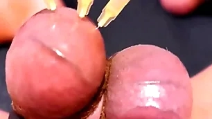 Testicle skewering cbt, edging & cumshot almost 3 needles, precum & stretched balls