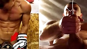 A real russian torpedo in training fucks his boxing bag with the addition of cums on gay men's faces...