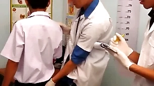 Undernourished asian twink barebacking 3some at doctor office