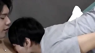 Cute japanese twink doggystyle fucked before mutual cumshot