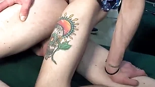 Two horny chavvy Pty enjoy grabbing each other’s cocks on the sofa.