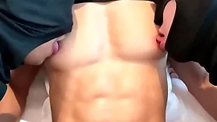 Amazing fit six pack and big pecs asian guy nipple faked and sucked
