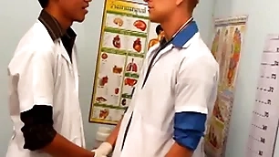 Uniformed twinks unobtrusive asian specimen near threesome for cum