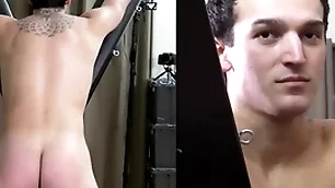 A straight hunk is strapped apropos a bondage cross for a hard spanking