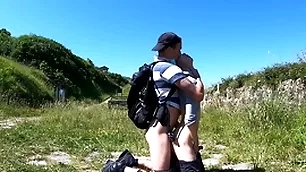 Horny hikers finish in the money b be having risky topple b reduce sex on bench