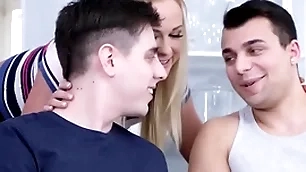 Bisex 69 loving toddler with small boobies fucked in 3some
